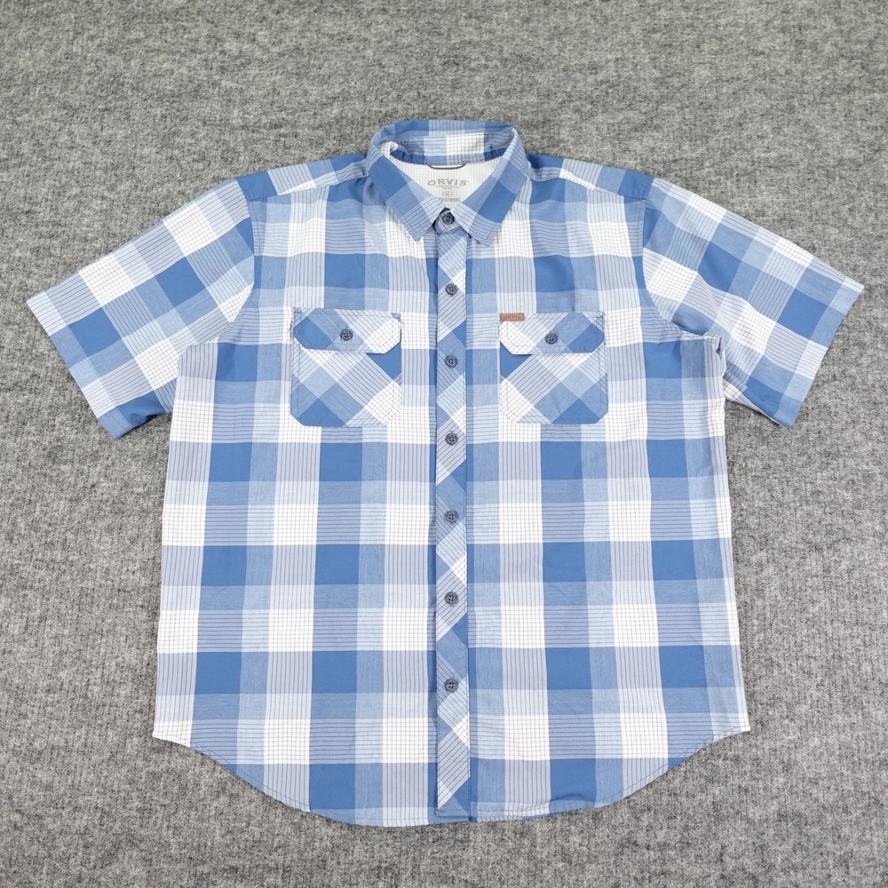 Orvis Shirt Mens Extra Large Blue White Plaid Short Sleeve Button Outdoor